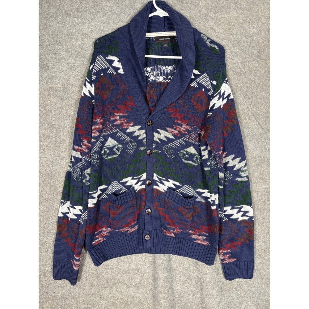Adam Levine Mens Shawl Collar Cardigan Sweater Navy Blue Aztec Southwestern L